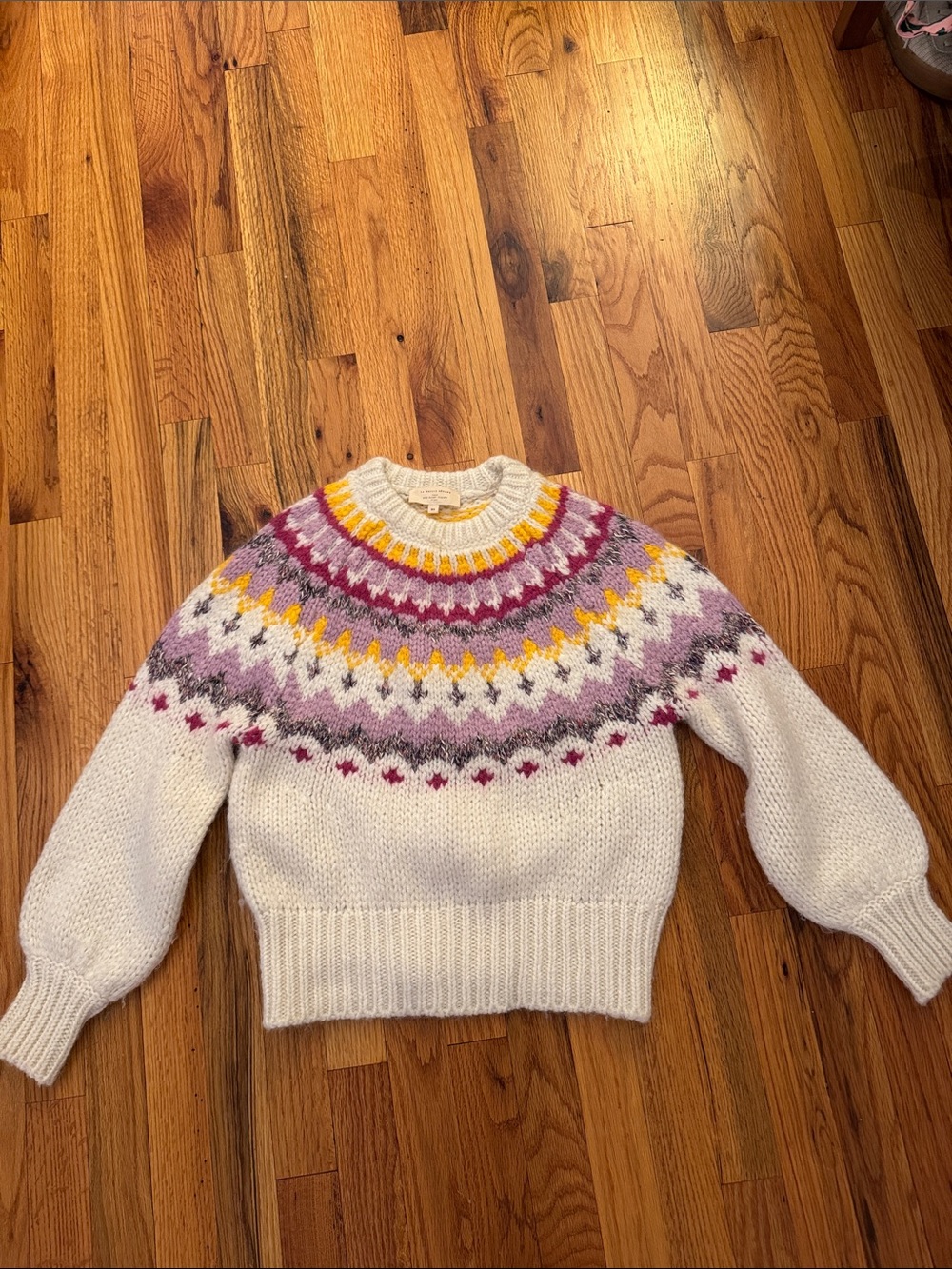 Sezane Cream Crewneck Sweater with Pink, Purple & Yellow Fair Isle Yoke